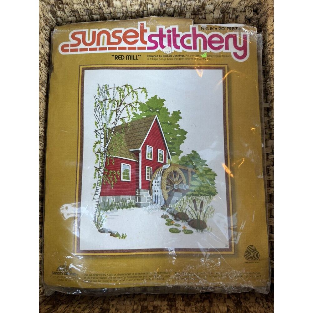 Vtg Embroidery Kit Sunset Stitchery RED MILL Water Wheel #2480 16" x 20"